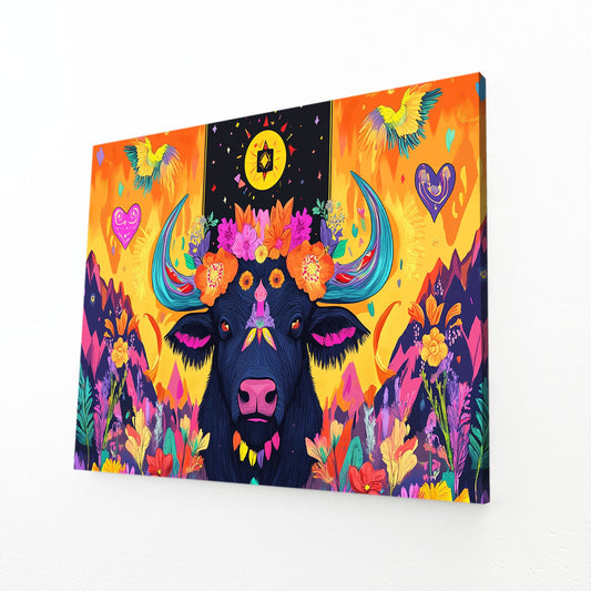Trippy Mexican Artdecor Cow Canvas Art – angled canvas view on white background