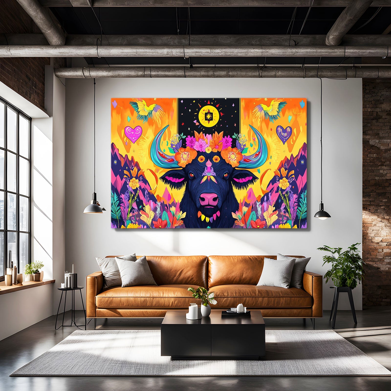 Trippy Mexican Artdecor Cow Canvas Art – angled canvas view on white background