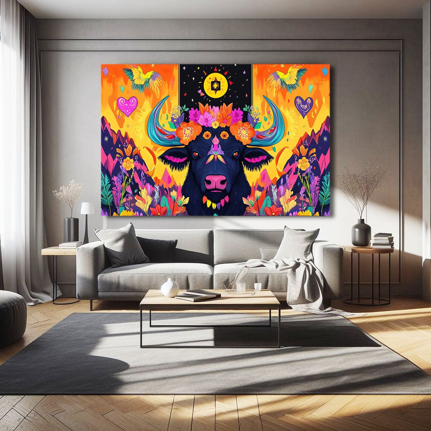 Trippy Mexican Artdecor Cow Canvas Art – angled canvas view on white background
