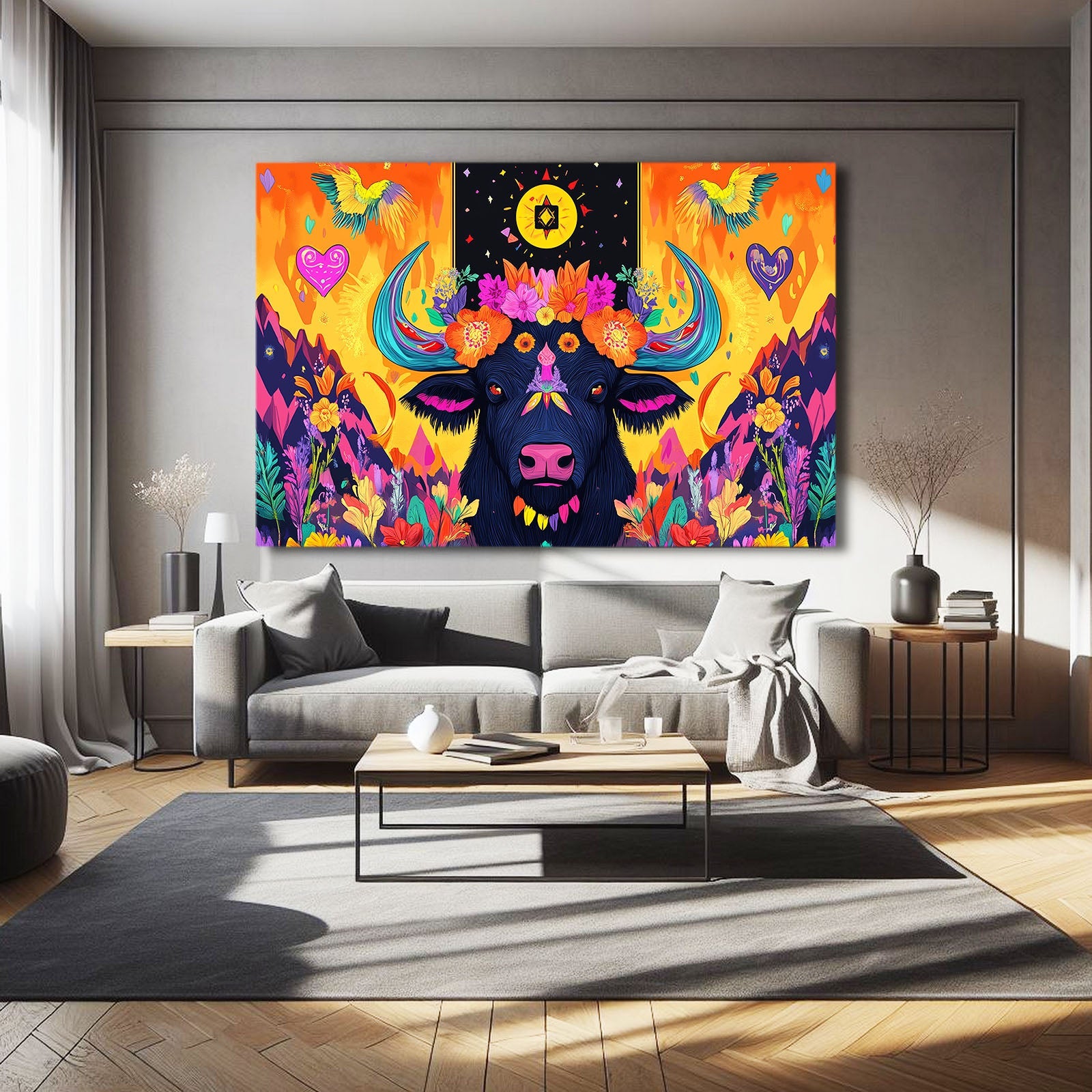 Trippy Mexican Artdecor Cow Canvas Art – angled canvas view on white background