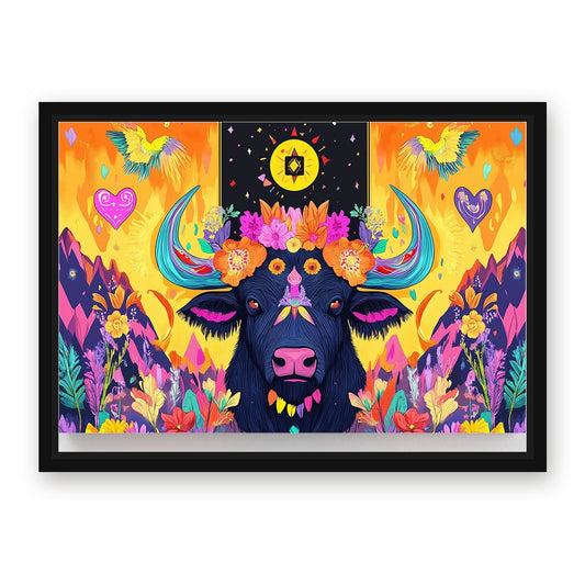 Trippy Mexican Artdecor Cow Canvas Art – with Premium Black wood frame