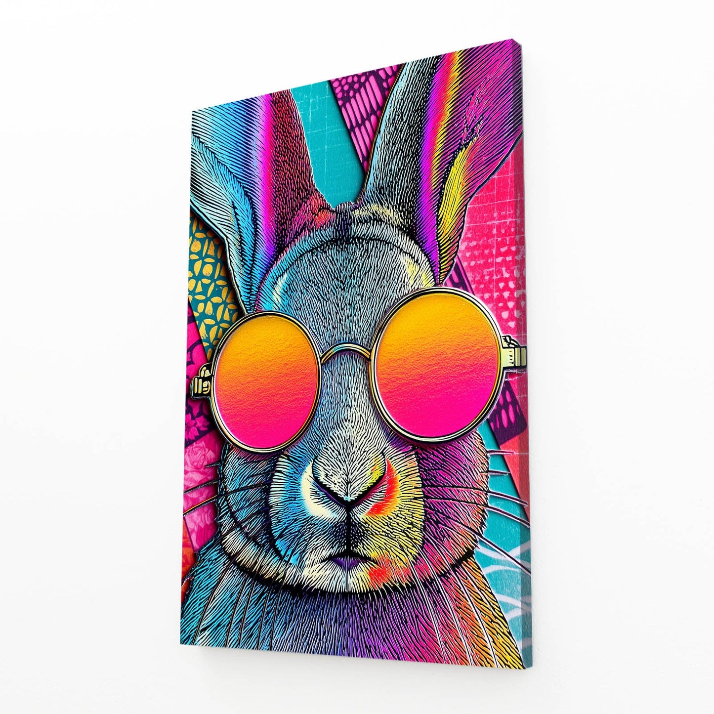 Trippy Rabbit Art – angled canvas view on white background