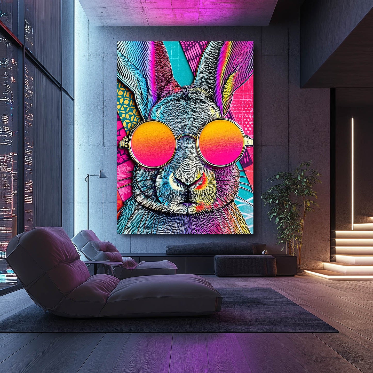 Trippy Rabbit Art – angled canvas view on white background
