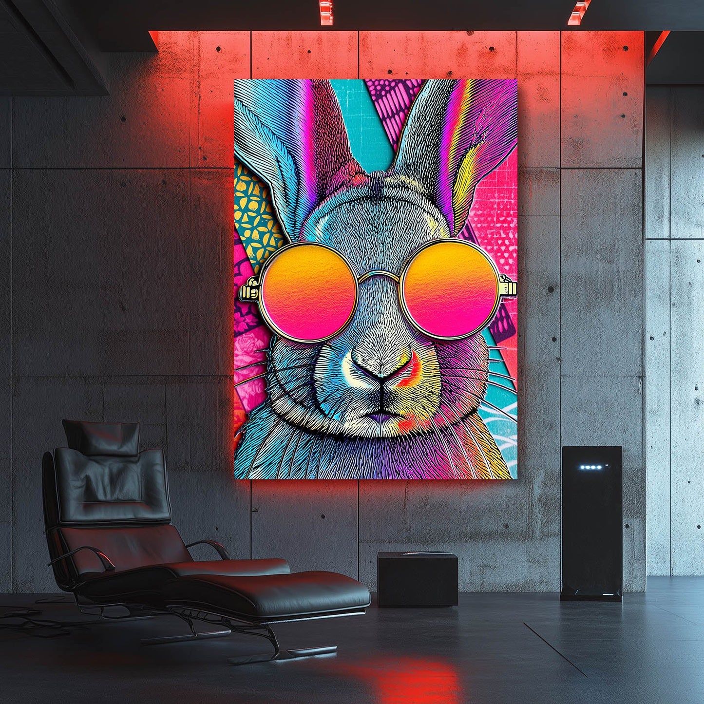 Trippy Rabbit Art – angled canvas view on white background