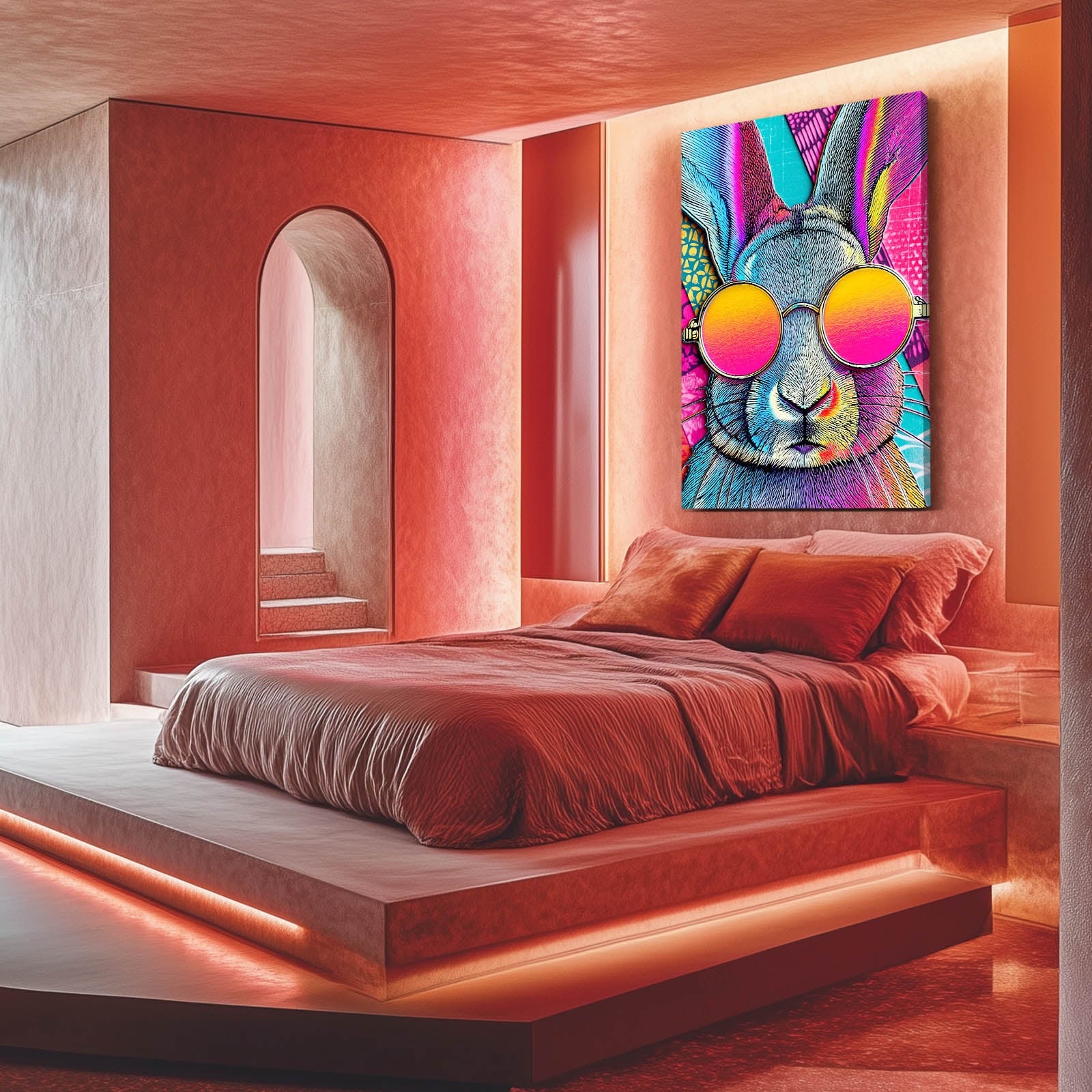 Trippy Rabbit Art – angled canvas view on white background