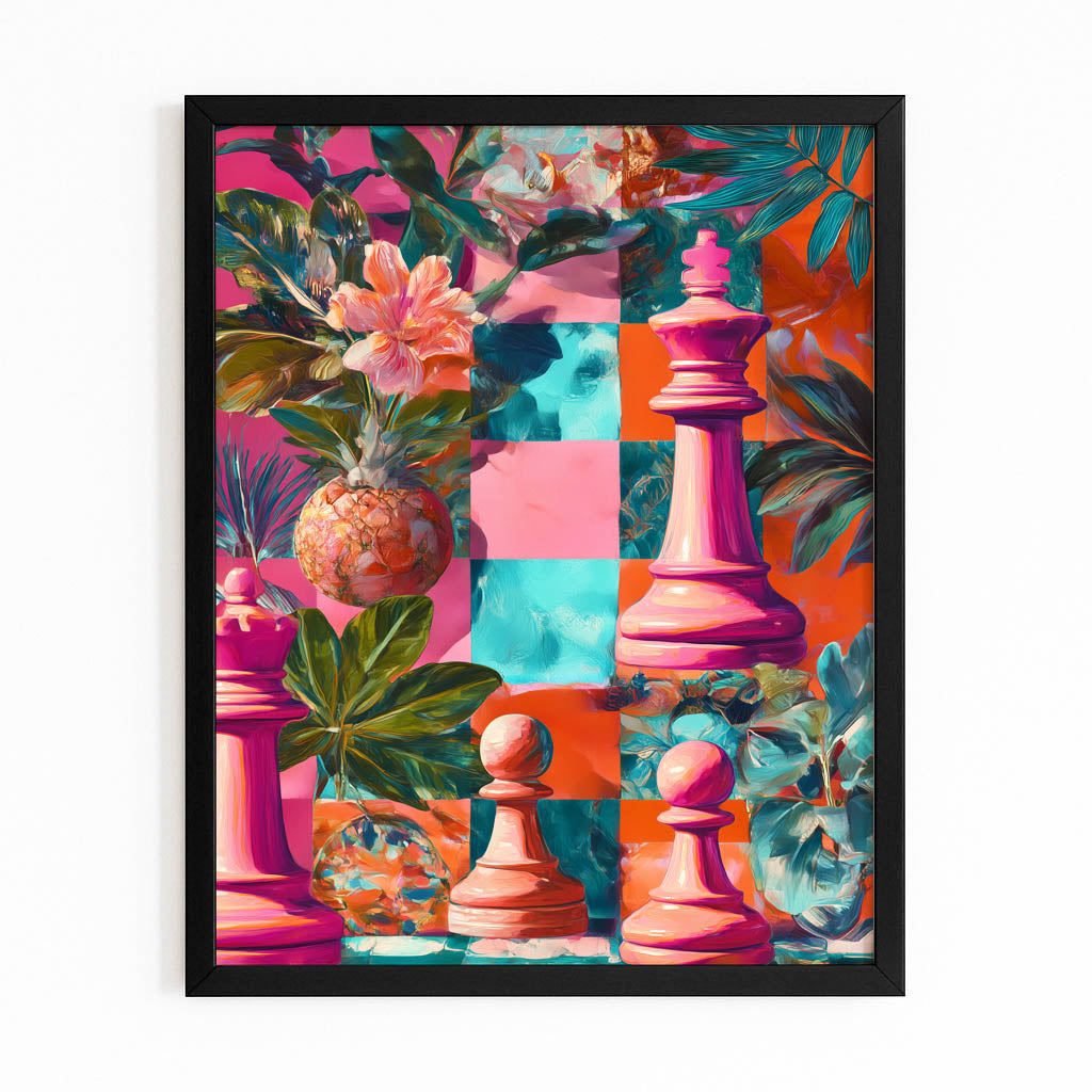 Tropical Bloom Pieces Chess Canvas – with Premium Black frame on white background