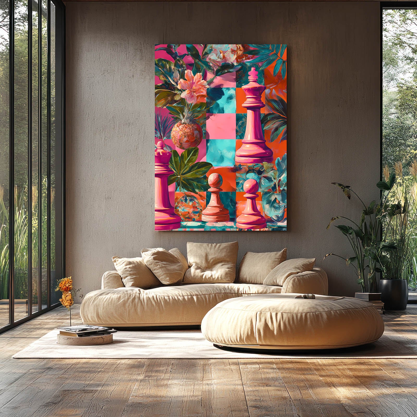 Tropical Bloom Pieces Chess Canvas – styled in a furnished interior