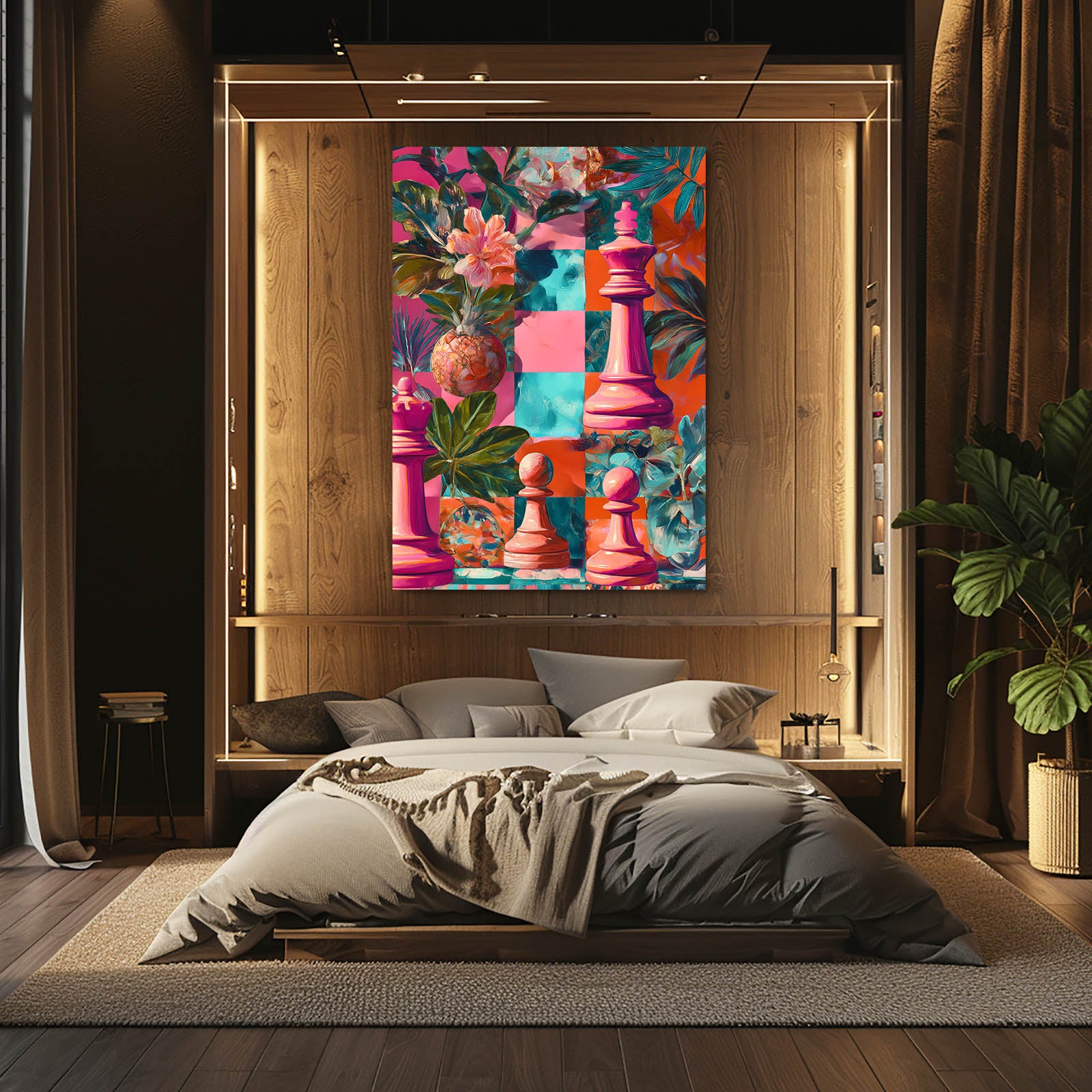 Tropical Bloom Pieces Chess Canvas – styled in a furnished interior