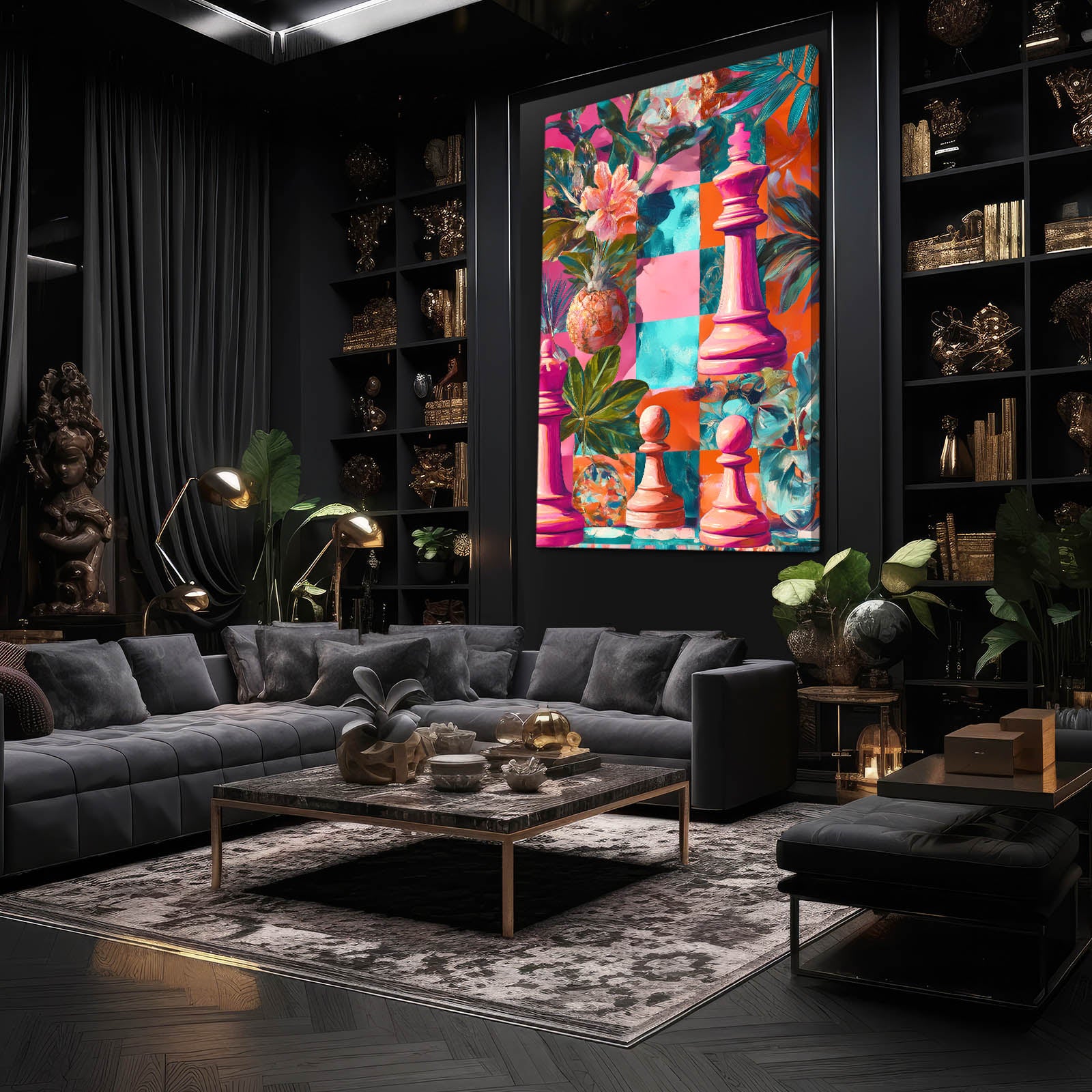 Tropical Bloom Pieces Chess Canvas – styled in a furnished interior