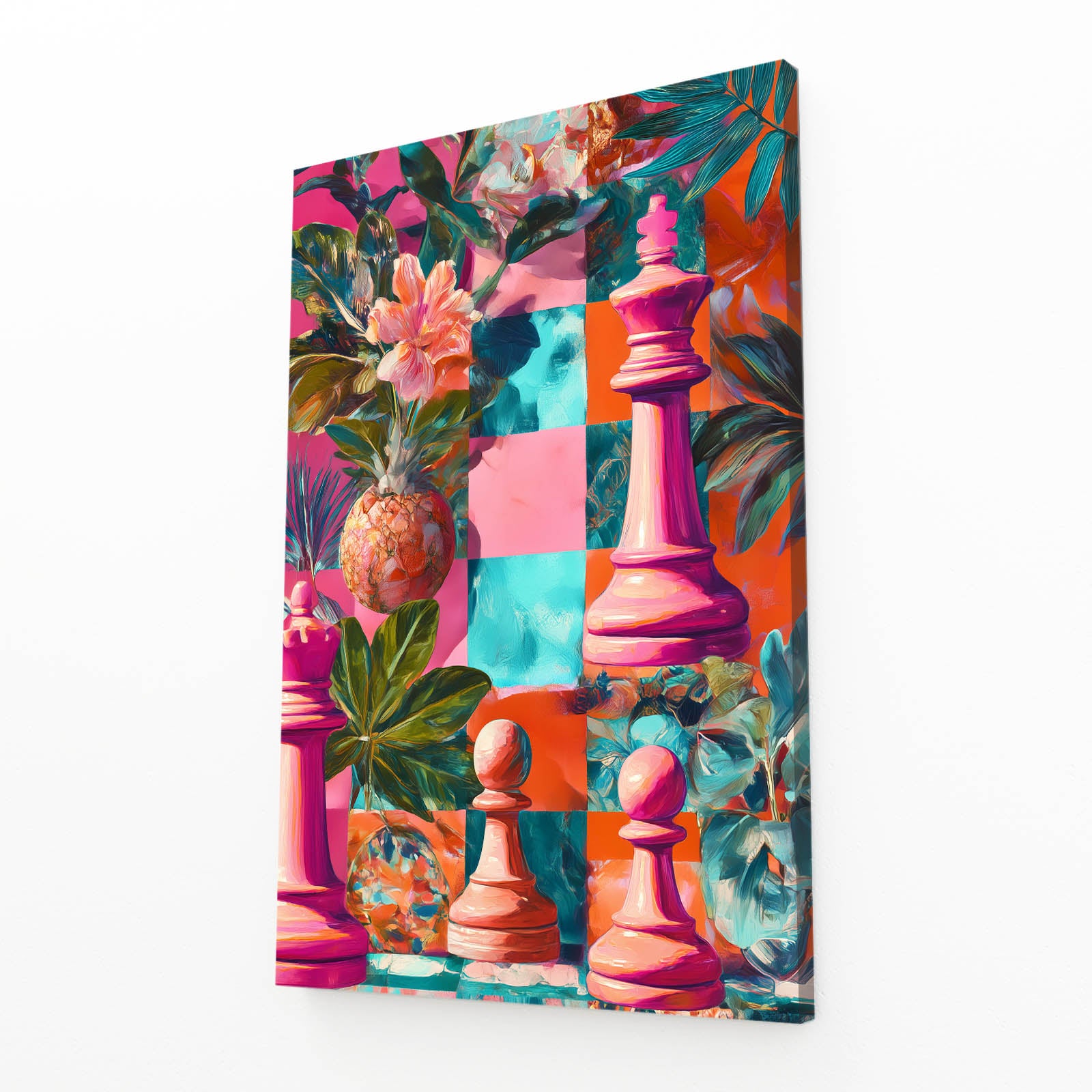 Tropical Bloom Pieces Chess Canvas – angled canvas view on white background