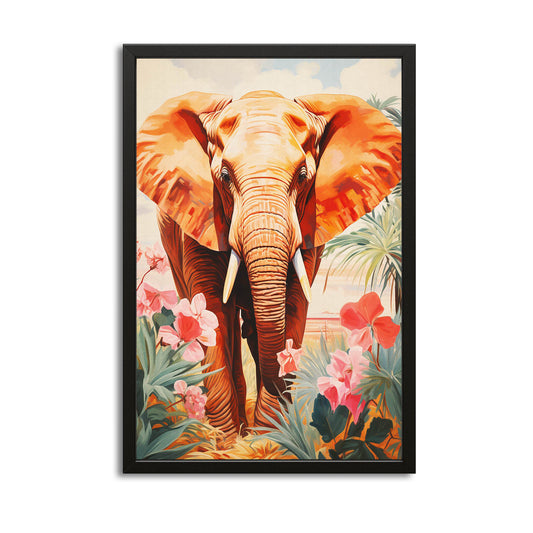 Tropical Garden Elephant Art — contemporary canvas print in orange tones, with Premium Black frame on white background