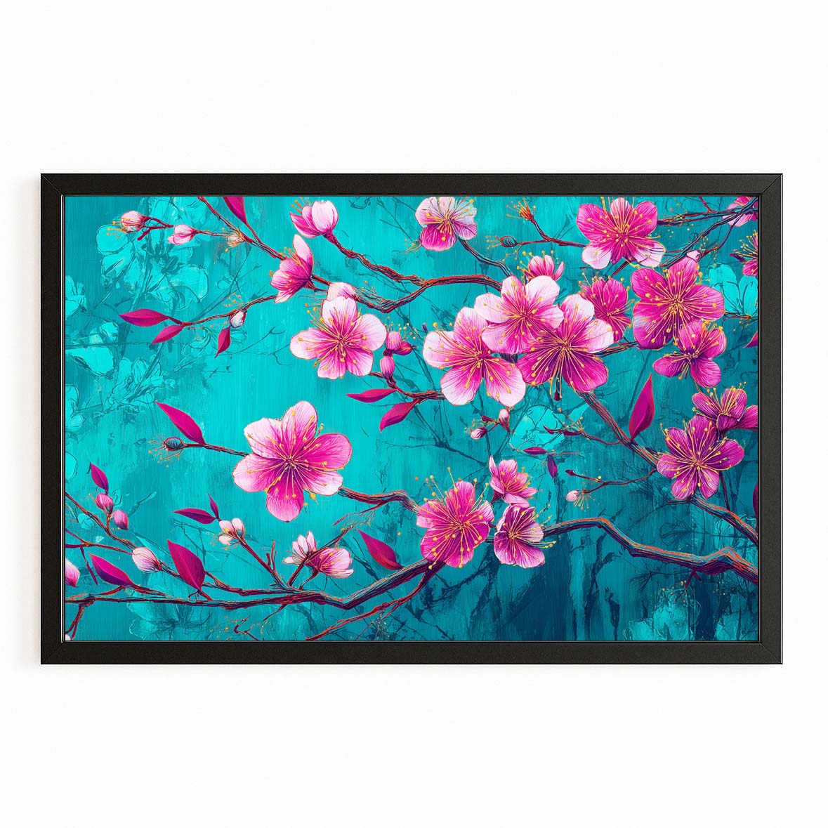 Turquoise Bloom Branch Cherry Blossom Wall Art – with Premium Black frame on white background