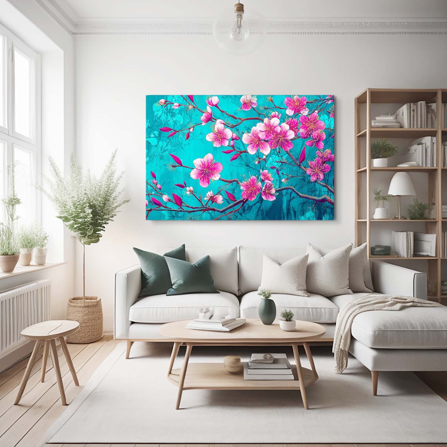 Turquoise Bloom Branch Cherry Blossom Wall Art – styled in a furnished interior