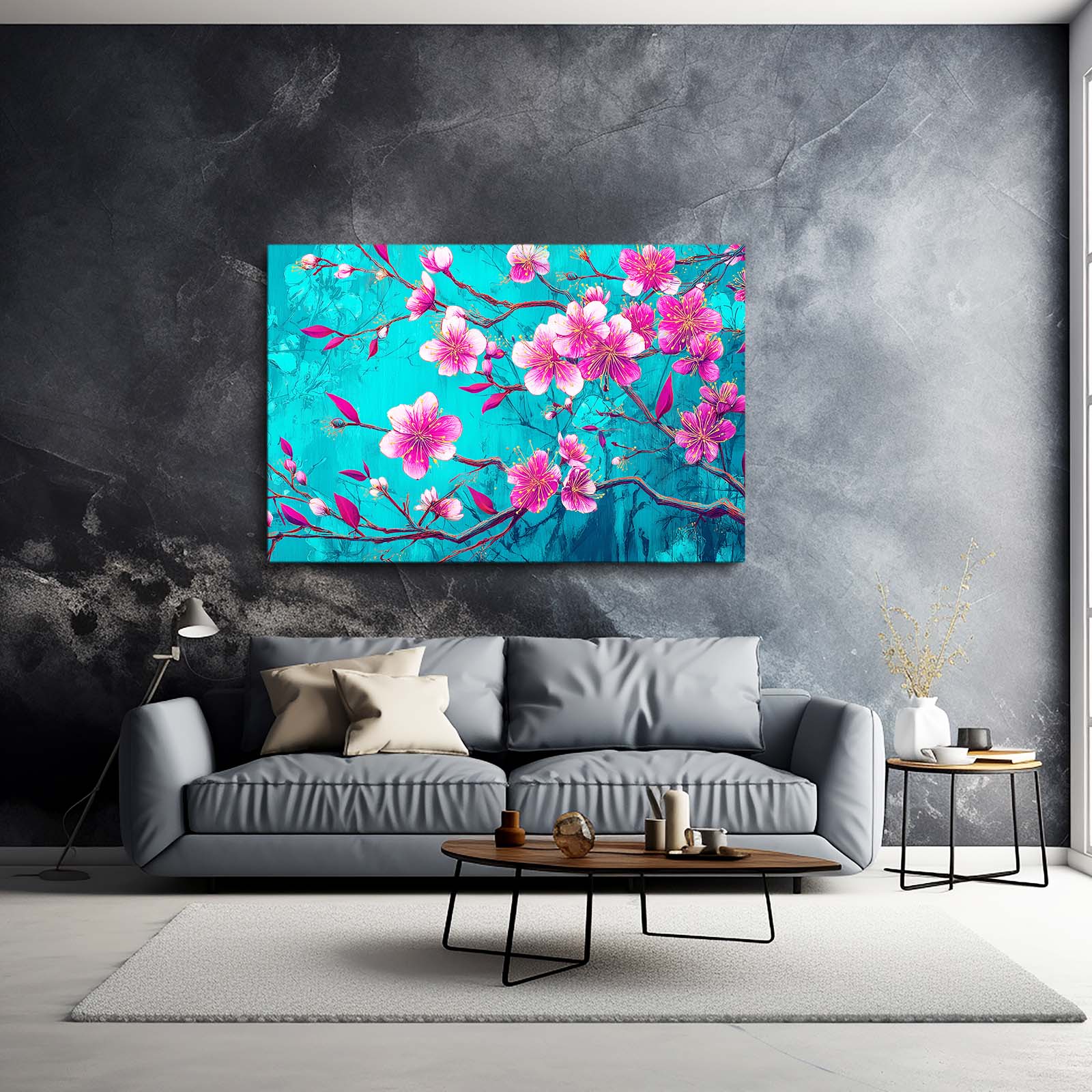 Turquoise Bloom Branch Cherry Blossom Wall Art – styled in a furnished interior