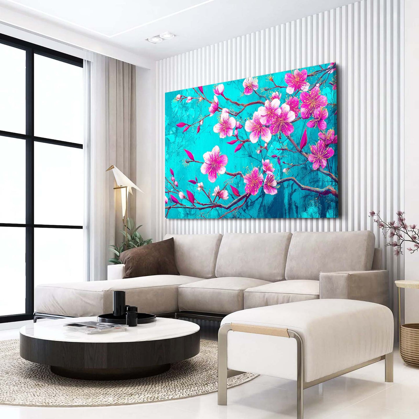 Turquoise Bloom Branch Cherry Blossom Wall Art – styled in a furnished interior