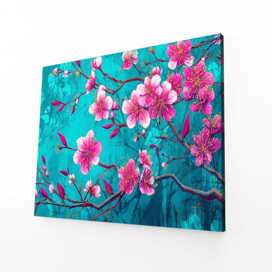 Turquoise Bloom Branch Cherry Blossom Wall Art – angled canvas view on white background