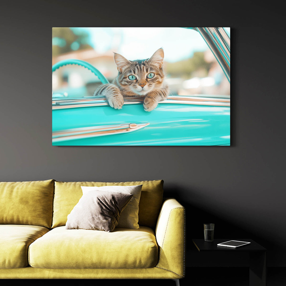 Turquoise Car Ride Cat Prints — photography canvas print, styled in a furnished interior