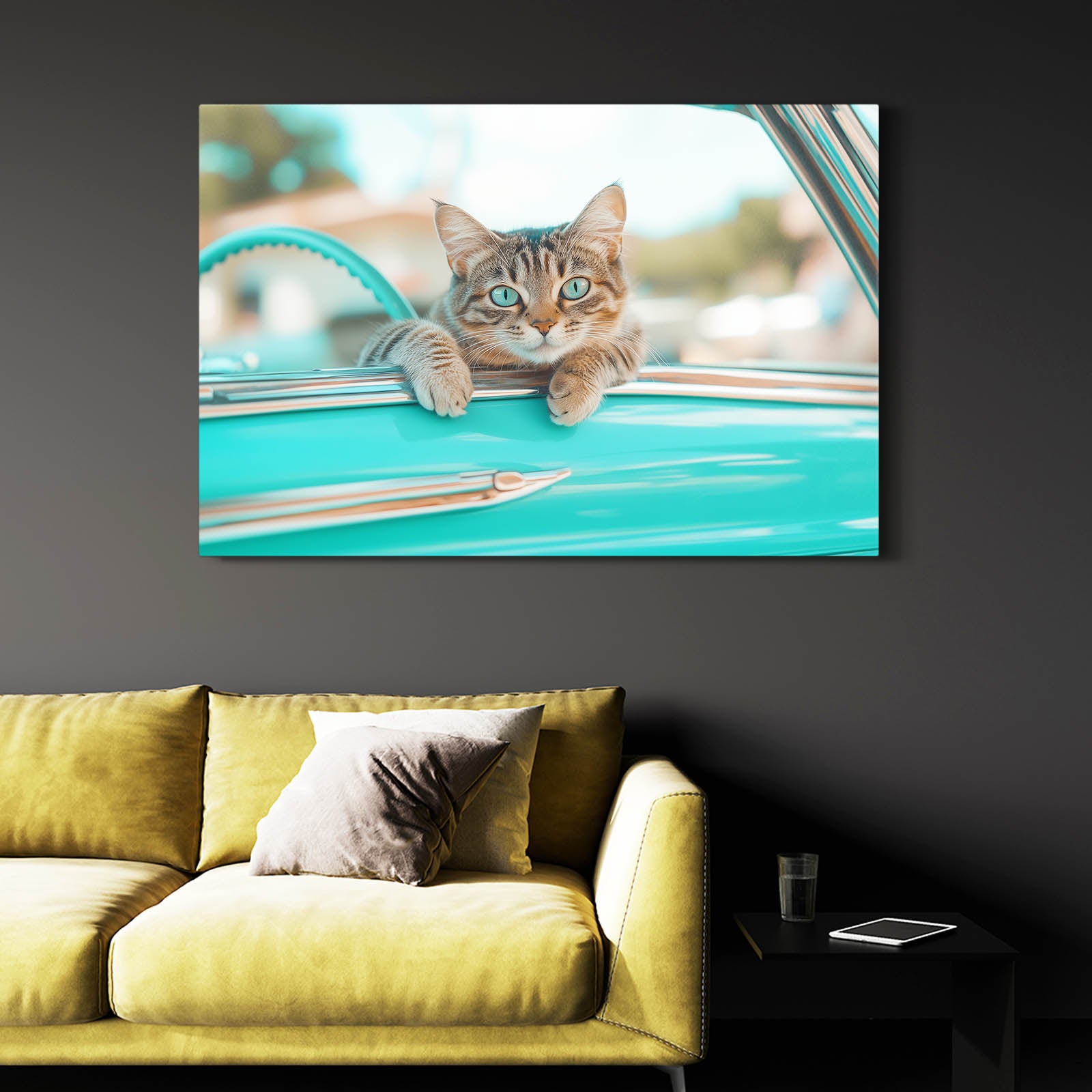 Turquoise Car Ride Cat Prints — photography canvas print, styled in a furnished interior