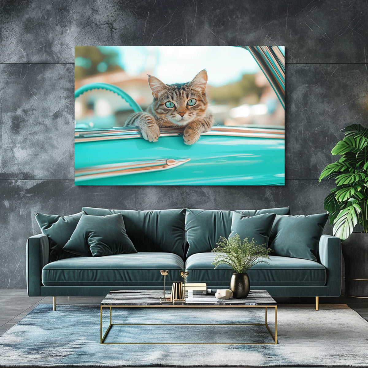 Turquoise Car Ride Cat Prints — photography canvas print, styled in a furnished interior