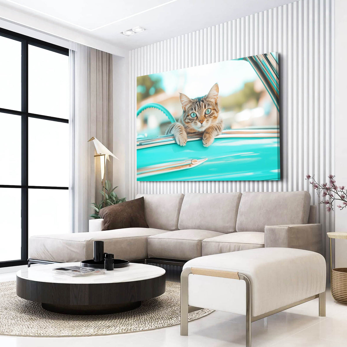 Turquoise Car Ride Cat Prints — photography canvas print, styled in a furnished interior