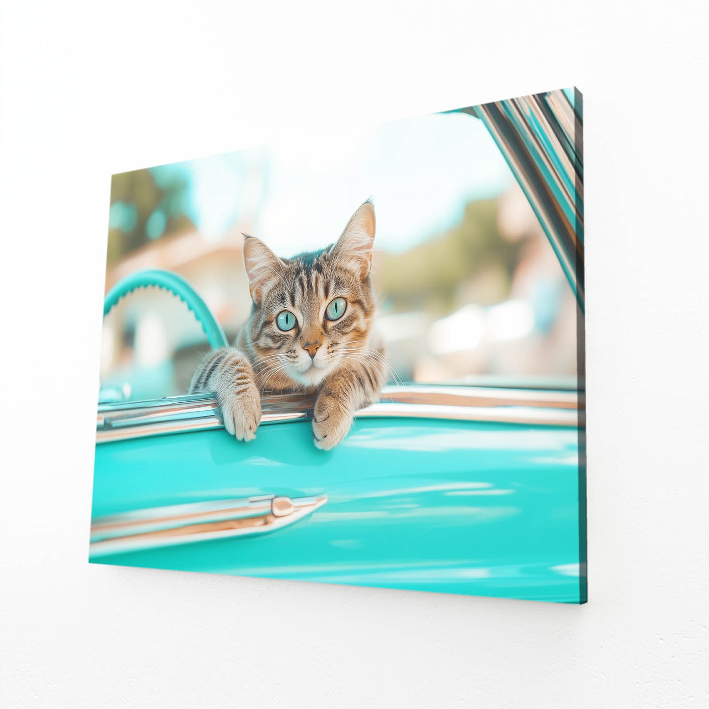 Turquoise Car Ride Cat Prints — photography canvas print, angled canvas view on white background