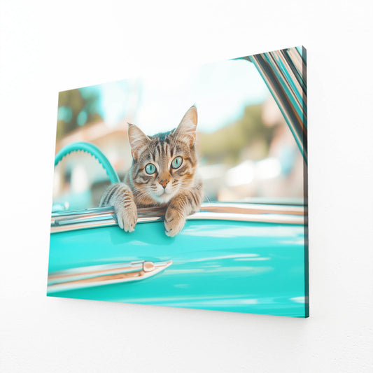 Turquoise Car Ride Cat Prints — photography canvas print, angled canvas view on white background
