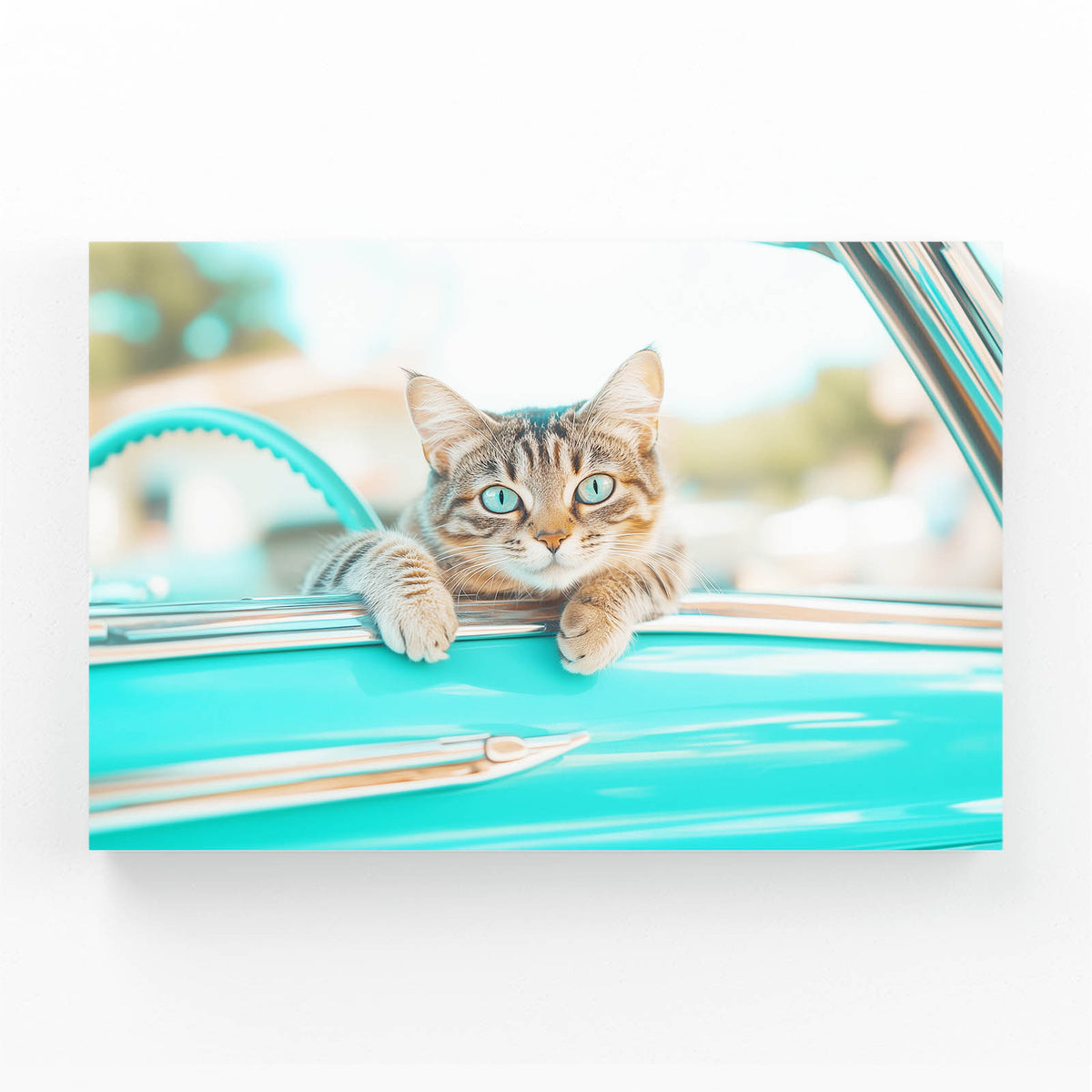 Turquoise Car Ride Cat Prints — photography canvas print, angled canvas view on white background