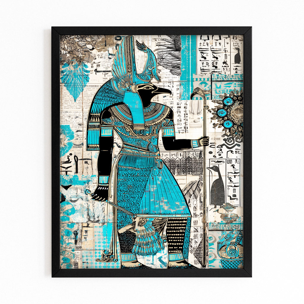 Turquoise Collage Figure Egyptian Wall Art – with Premium Black frame on white background