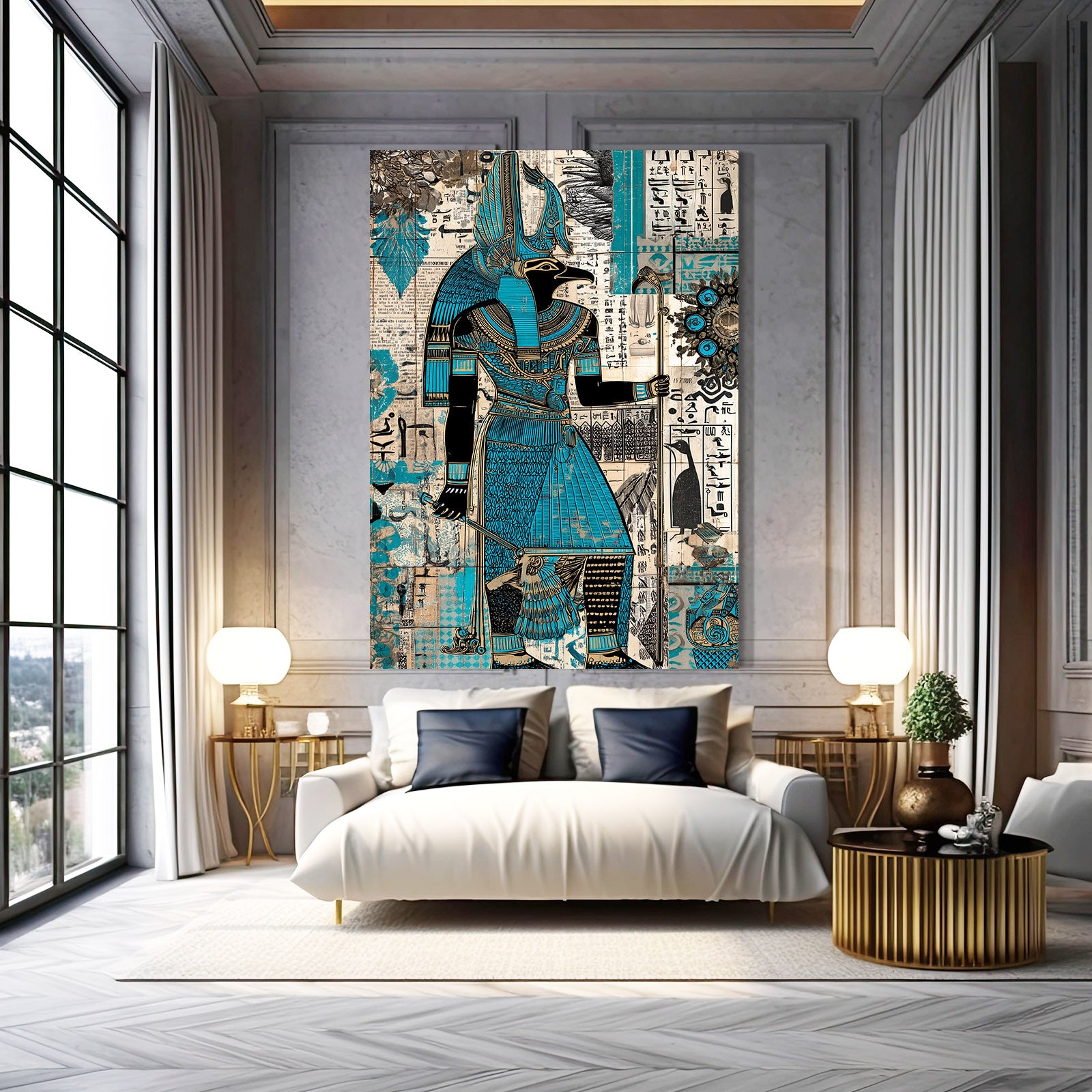 Turquoise Collage Figure Egyptian Wall Art – styled in a furnished interior
