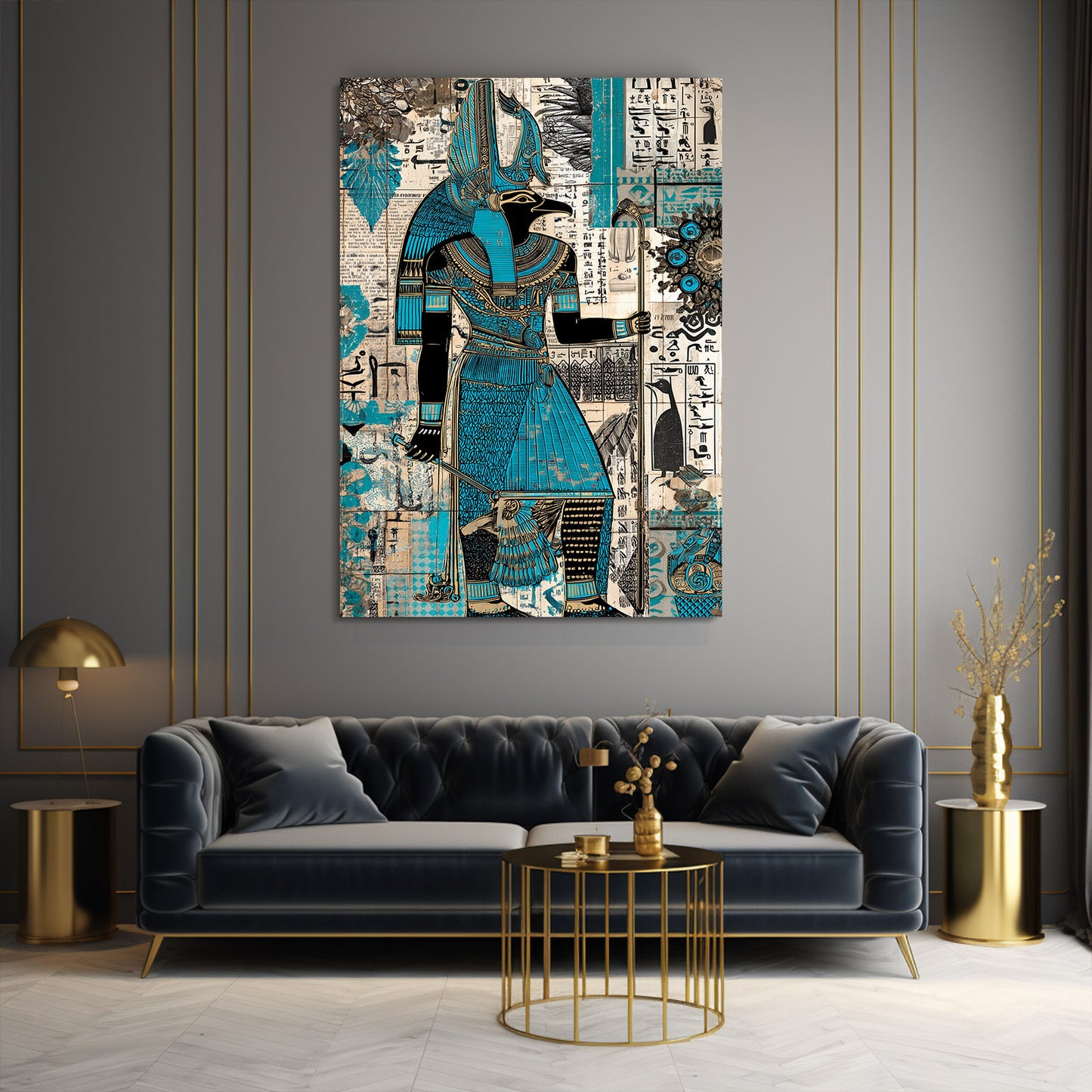 Turquoise Collage Figure Egyptian Wall Art – styled in a furnished interior