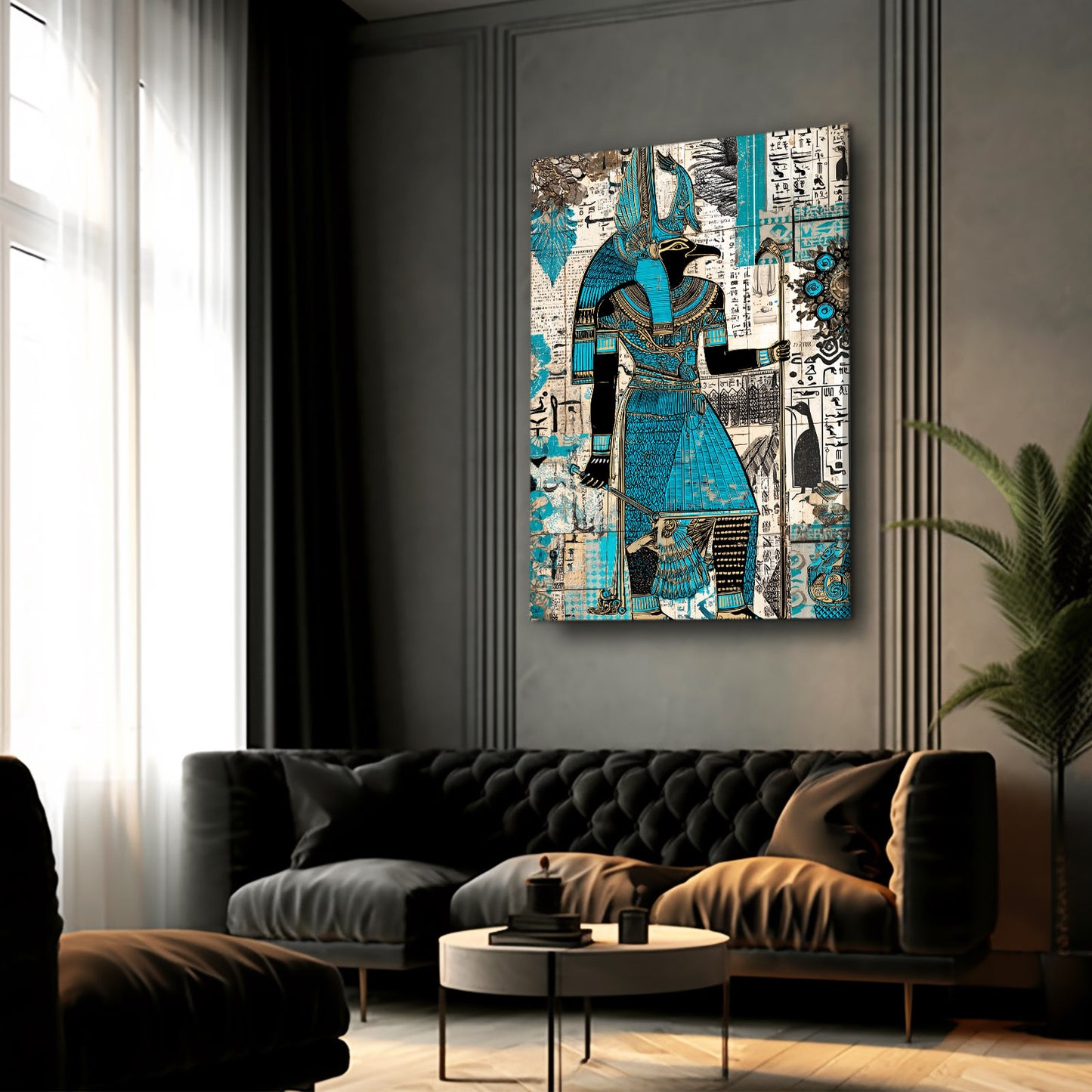 Turquoise Collage Figure Egyptian Wall Art – styled in a furnished interior