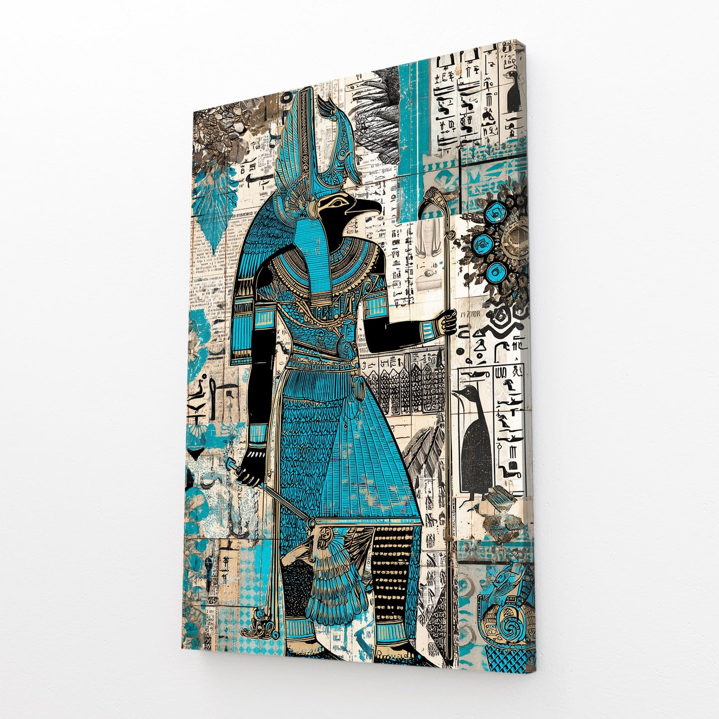 Turquoise Collage Figure Egyptian Wall Art – angled canvas view on white background