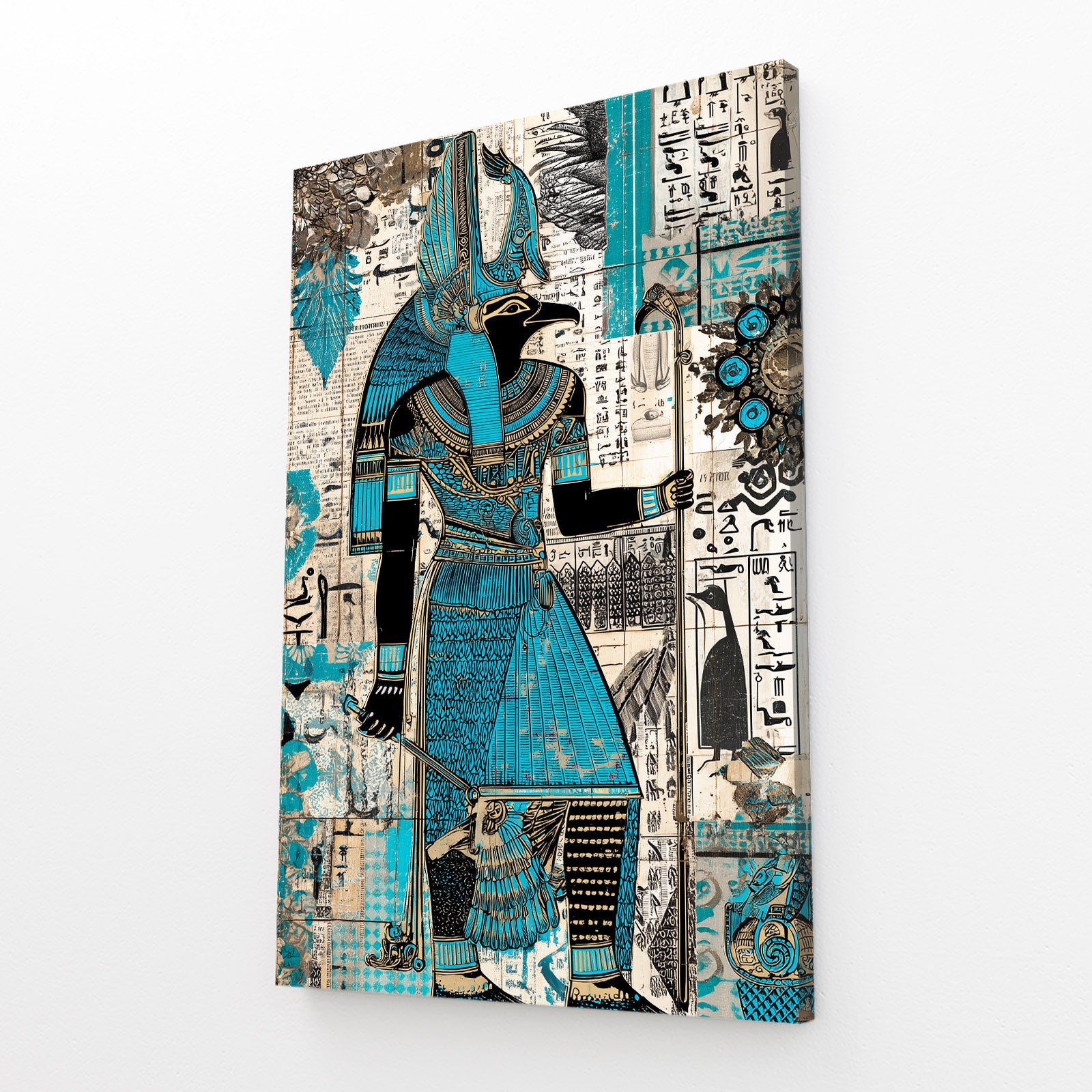 Turquoise Collage Figure Egyptian Wall Art – angled canvas view on white background
