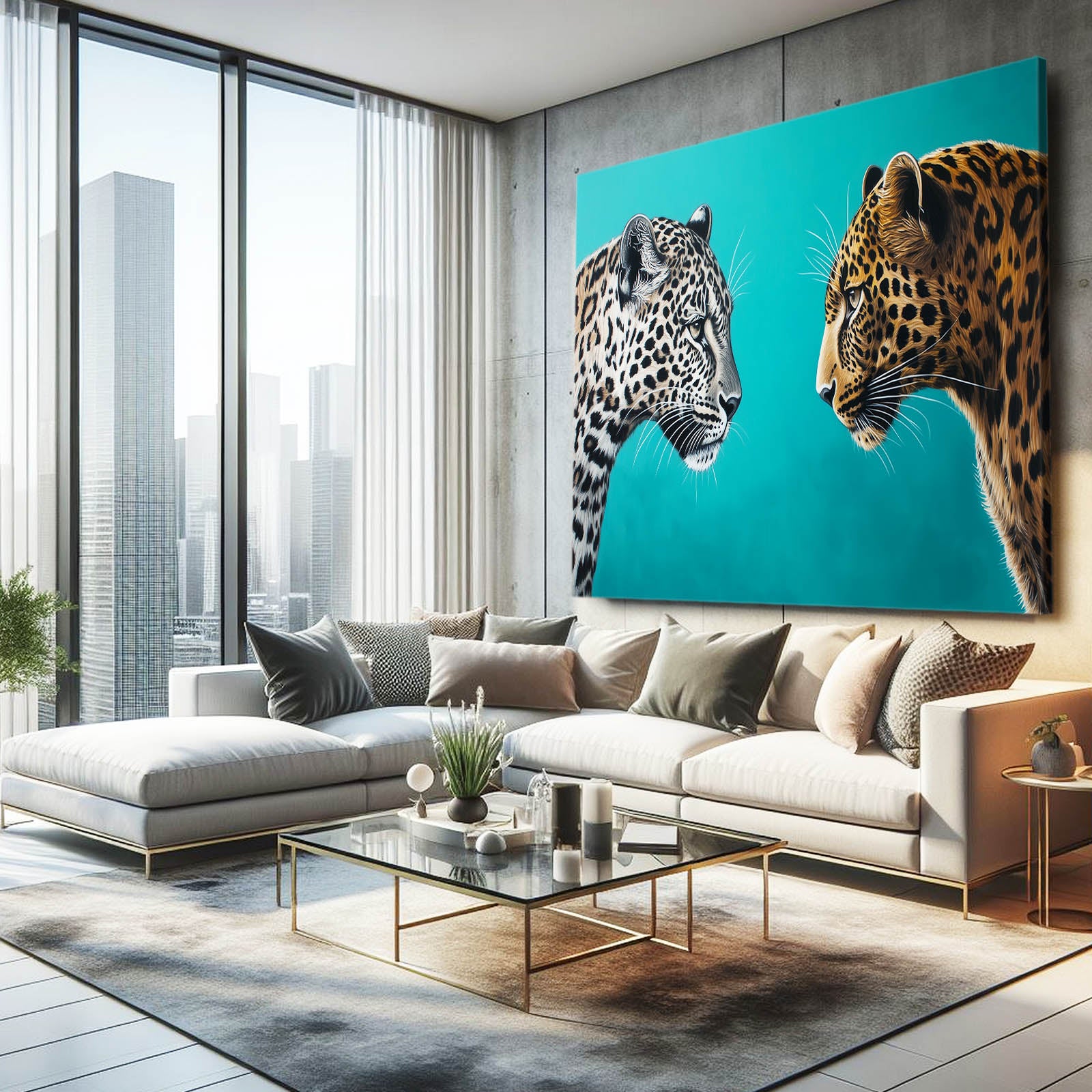 Turquoise Face Off Leopard Canvas Art – styled in a furnished interior