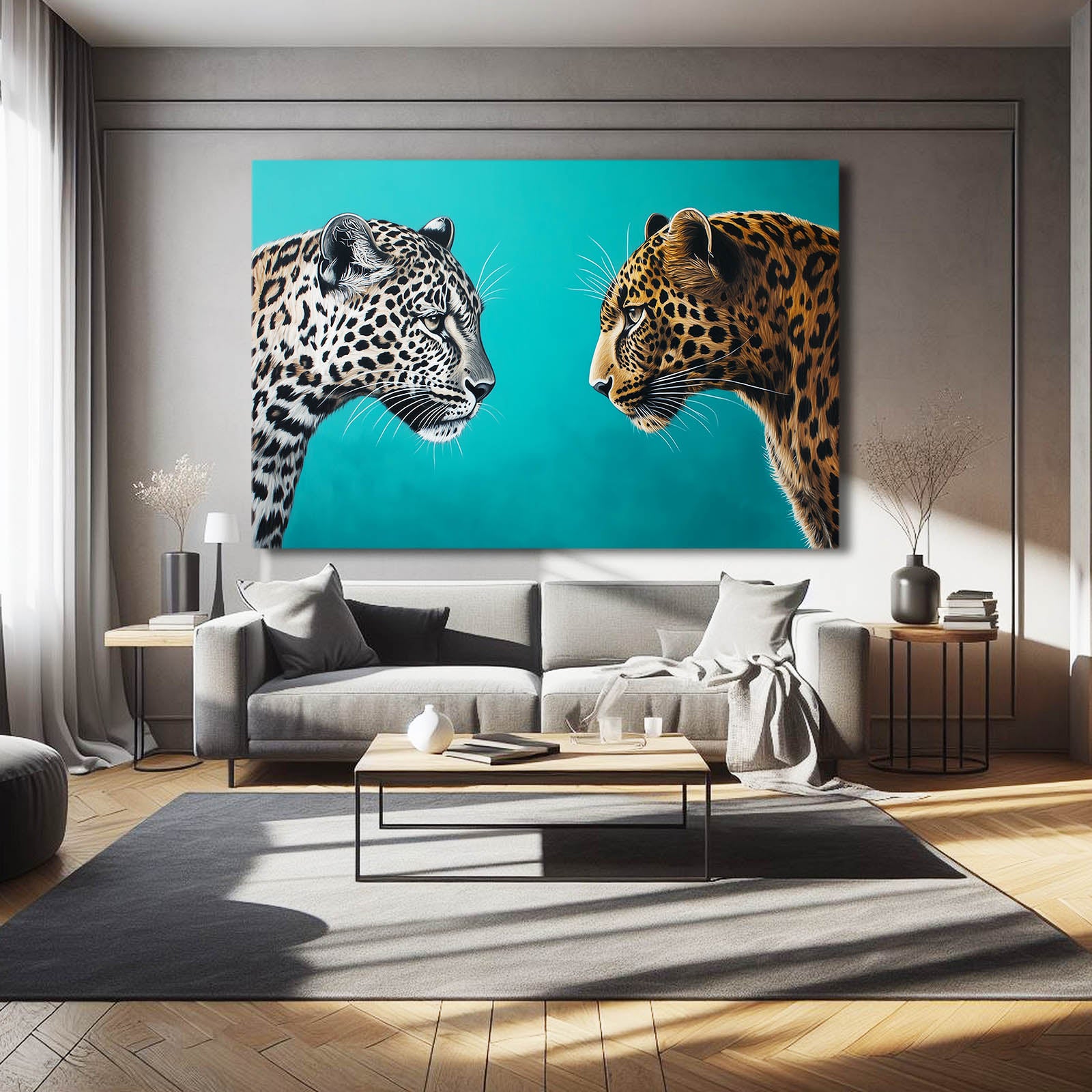Turquoise Face Off Leopard Canvas Art – styled in a furnished interior