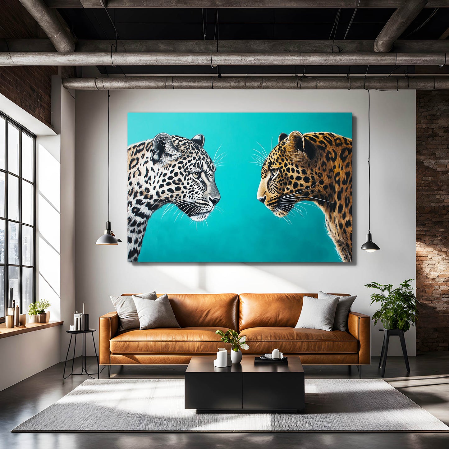 Turquoise Face Off Leopard Canvas Art – styled in a furnished interior