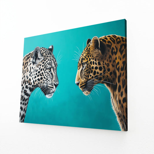 Turquoise Face Off Leopard Canvas Art – angled canvas view on white background