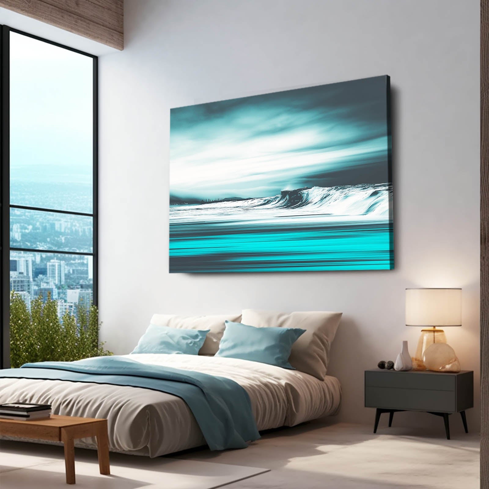 Turquoise Horizon Ocean Photography – above a bed with a teal throw