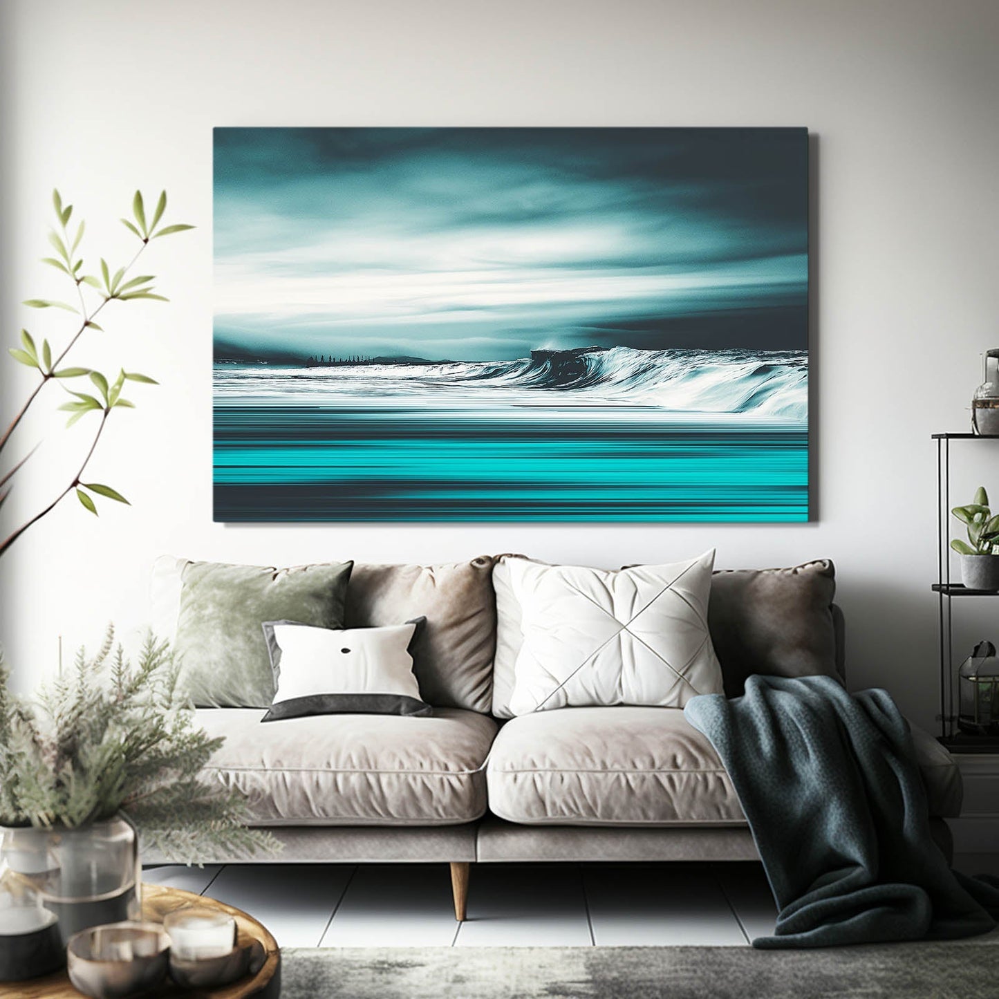 Turquoise Horizon Ocean Photography – above a beige sofa flanked by plants