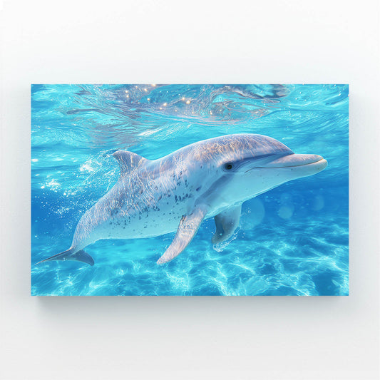Turquoise Lagoon Dolphin Print – dolphin swimming through clear sunlit turquoise shallows with light rays