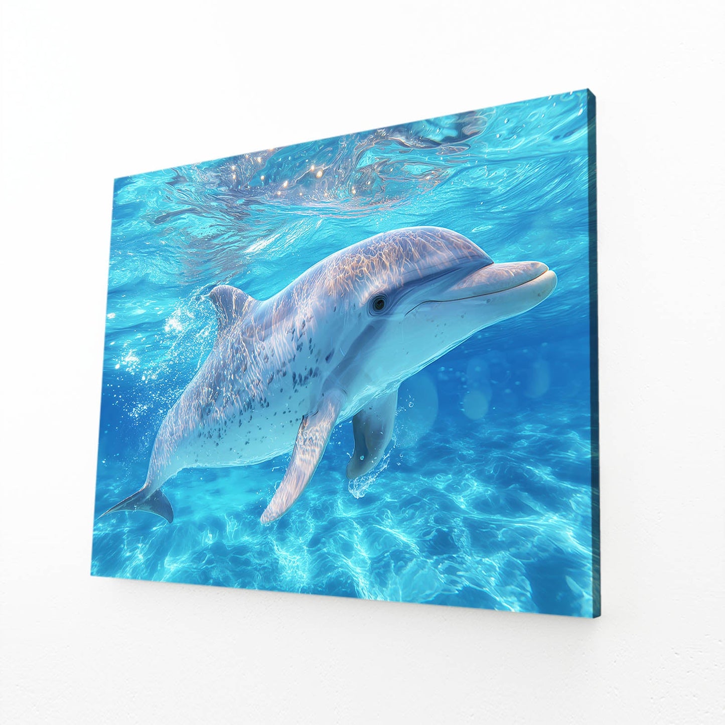 Turquoise Lagoon Dolphin Print – angled canvas view on white background