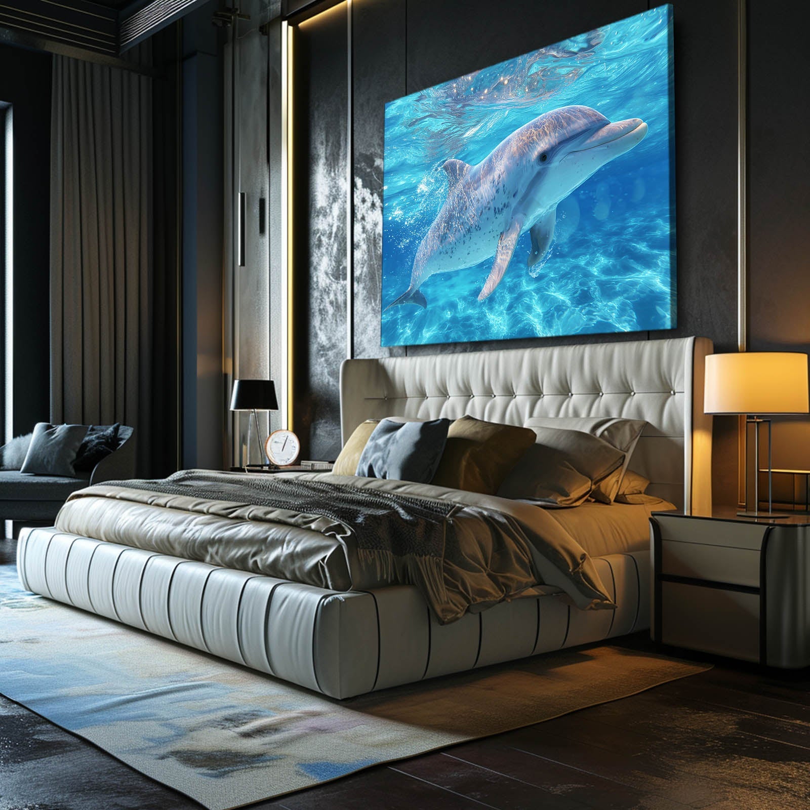 Turquoise Lagoon Dolphin Print – styled in a furnished interior