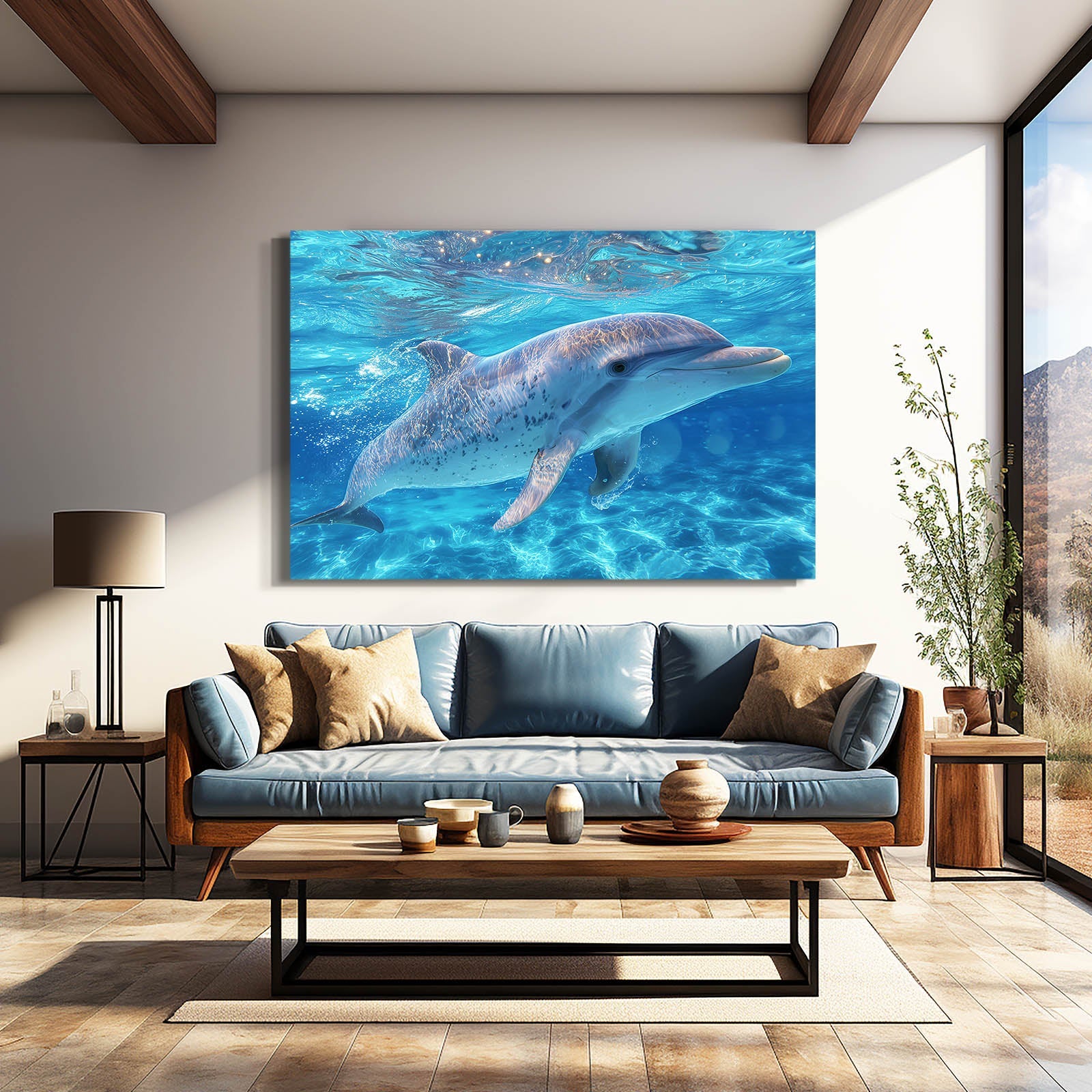 Turquoise Lagoon Dolphin Print – styled in a furnished interior