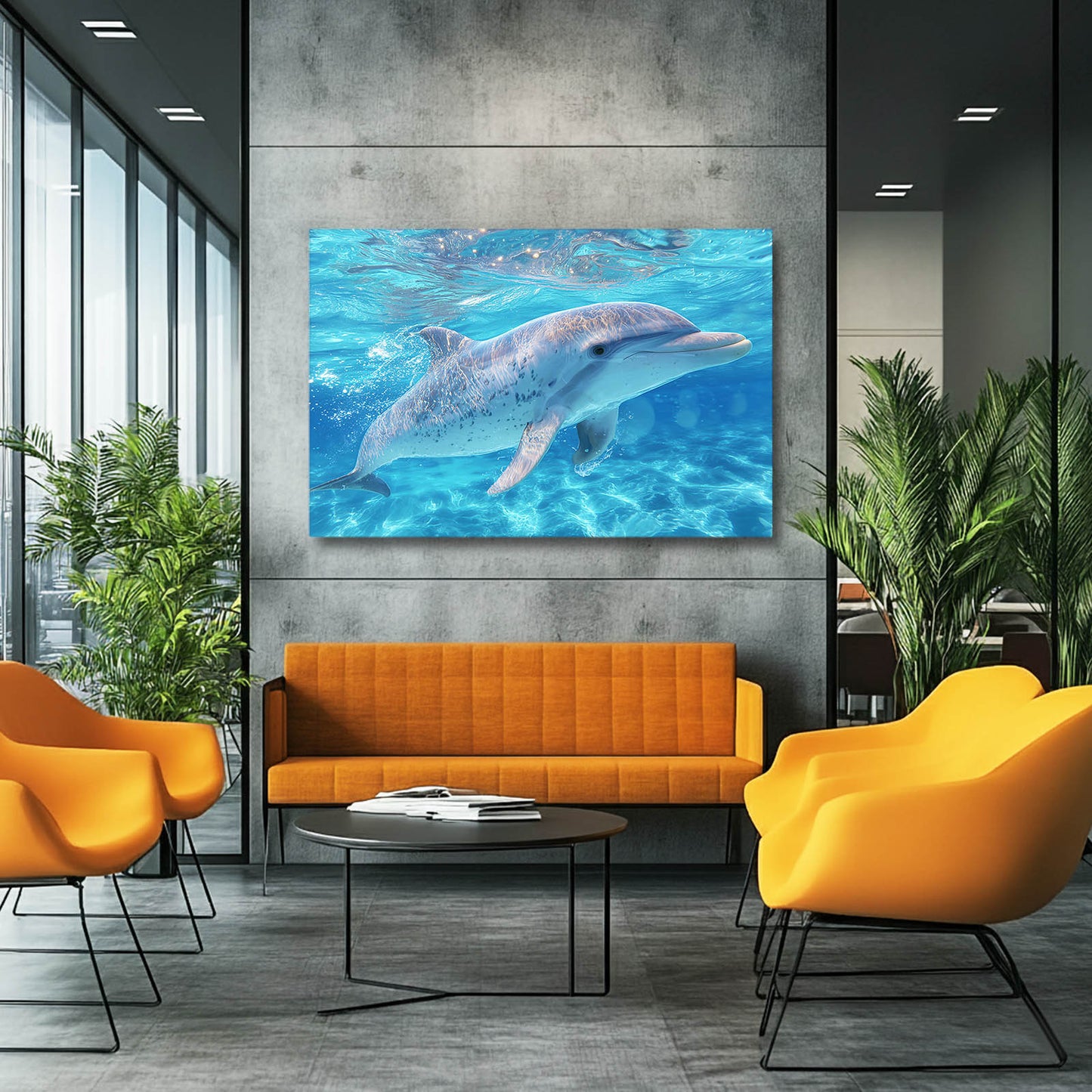 Turquoise Lagoon Dolphin Print – styled in a furnished interior