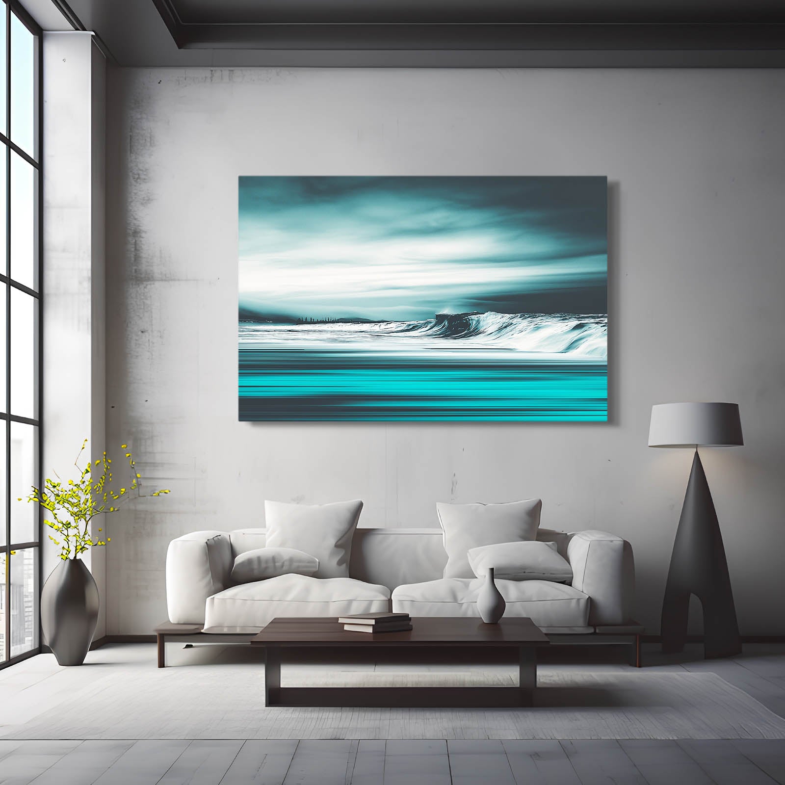 Turquoise Ocean Wave Photography Canvas Art – styled in a furnished interior