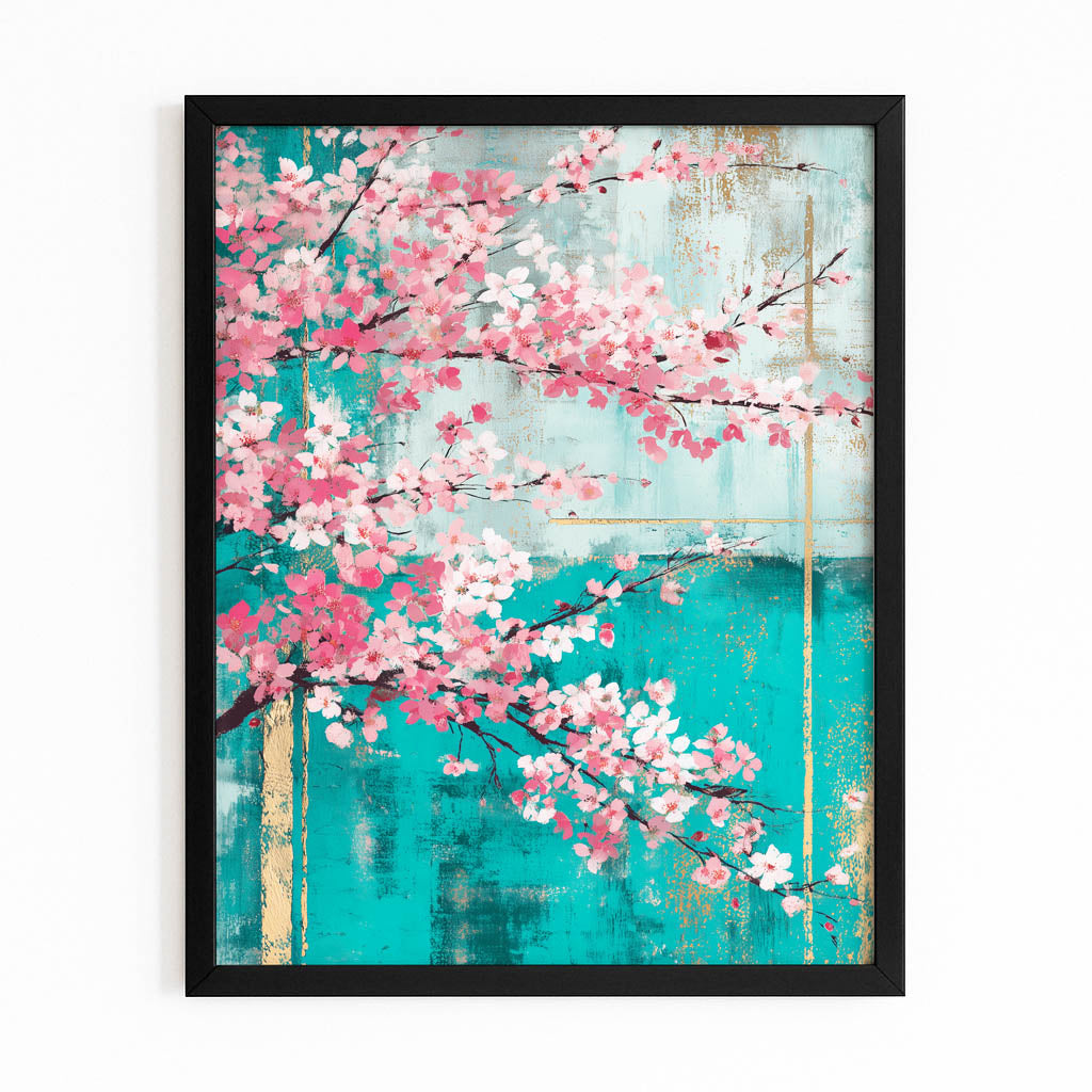 Turquoise Patina Branch Cherry Blossom Wall Art – with Premium Black frame on white background