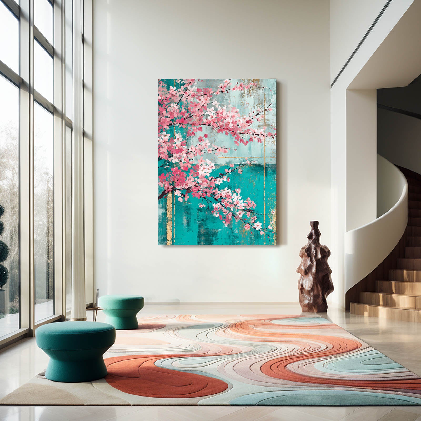 Turquoise Patina Branch Cherry Blossom Wall Art – styled in a furnished interior