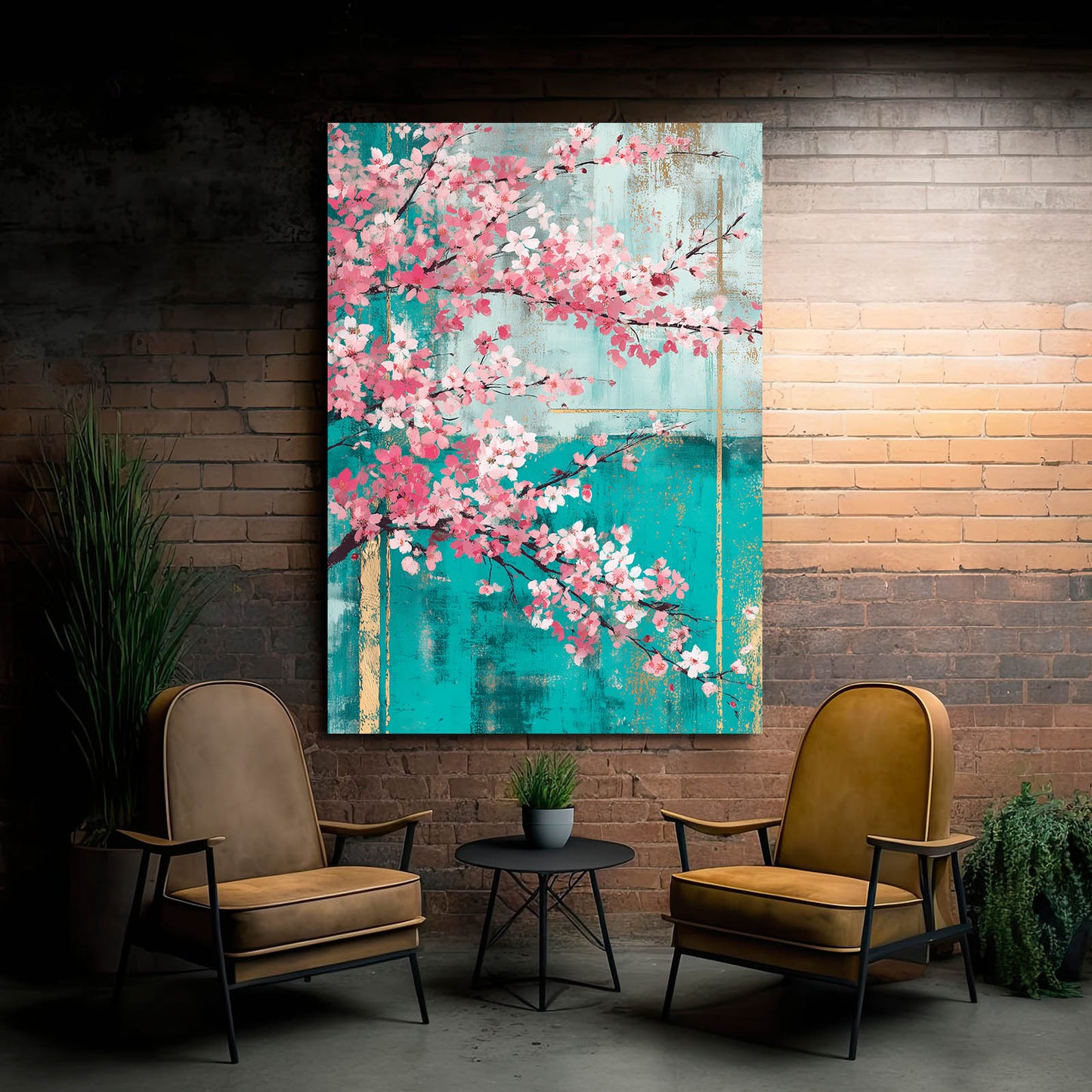 Turquoise Patina Branch Cherry Blossom Wall Art – styled in a furnished interior