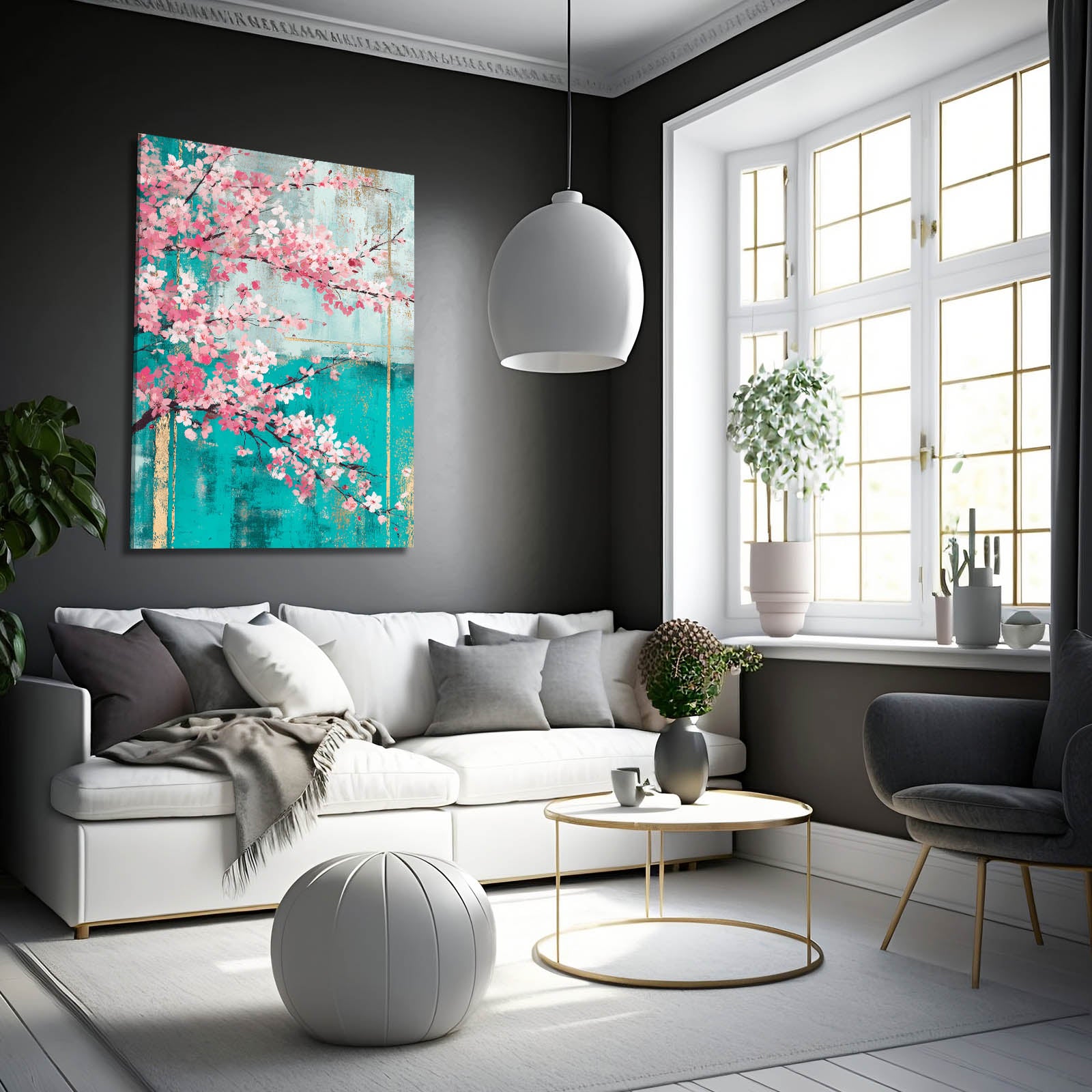 Turquoise Patina Branch Cherry Blossom Wall Art – styled in a furnished interior
