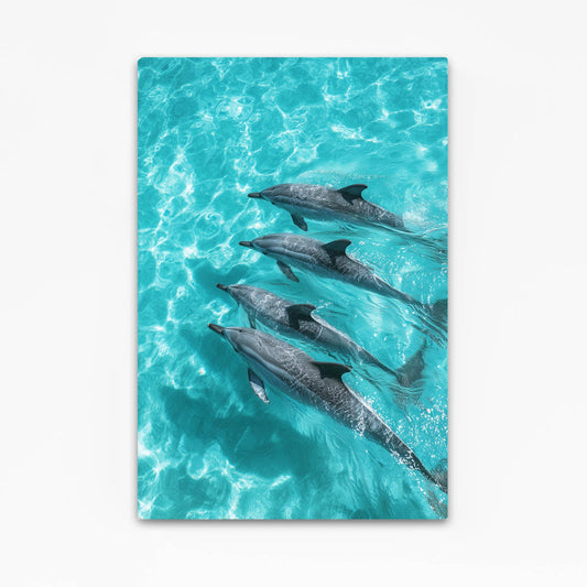 Turquoise Pod Dolphin Print – four dolphins gliding in formation over sunlit turquoise shallows, aerial view